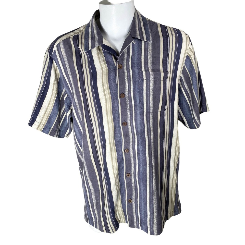 Tommy Bahama Shirt Large Silk Button Down Gray Tan Striped - Picture 2 of 7